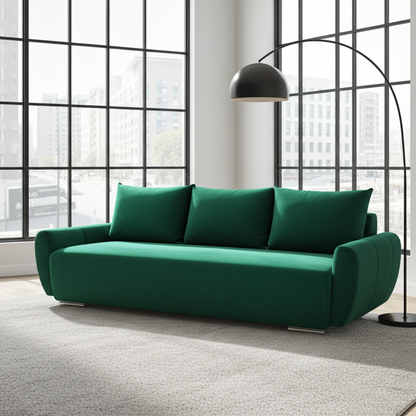 KANAPA ROZKŁADANA Z FUNKCJĄ SPANIA SOFA 3 KODA POJEMNIK SPRĘŻYNY WELUR TKANINA PLAMOODPORNA