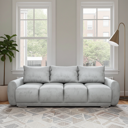 SZARA KANAPA ROZKŁADANA SOFA  3 FUNKCJA SPANIA SPRĘŻYNY WELUR POJEMNIK