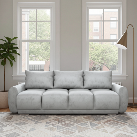 SZARA KANAPA ROZKŁADANA SOFA  3 FUNKCJA SPANIA SPRĘŻYNY WELUR POJEMNIK