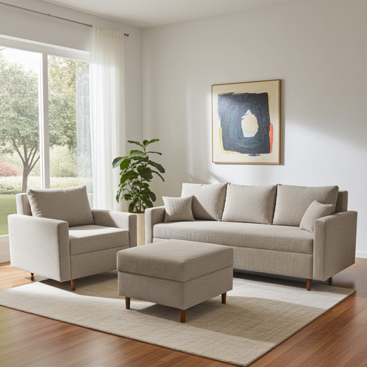 SKANDYNAWSKI KOMPLET WYPOCZYNKOWY KANAPA ROZKŁADANA SCANDIK BONELL + FOTEL I  PUFA SZTRUKS