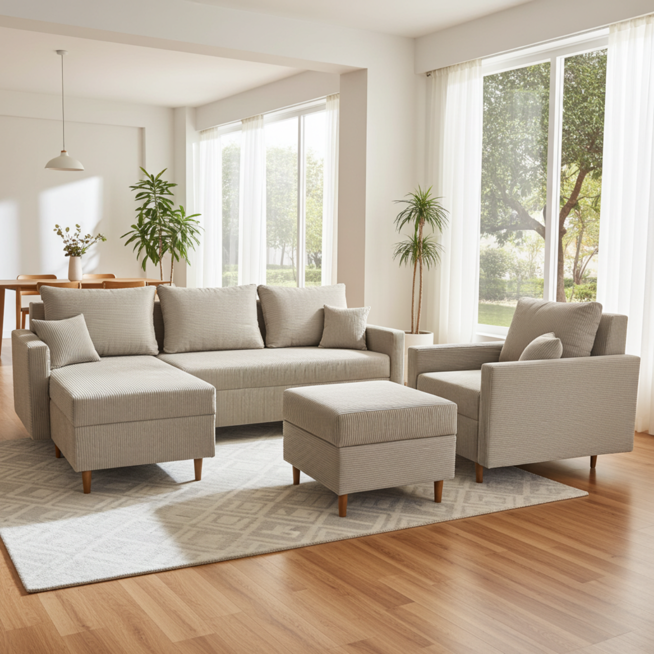 Zestaw wypoczynkowy do salonu narożnik l + pufa + fotel POJEMNIKI bonell sztruks SCANDIK