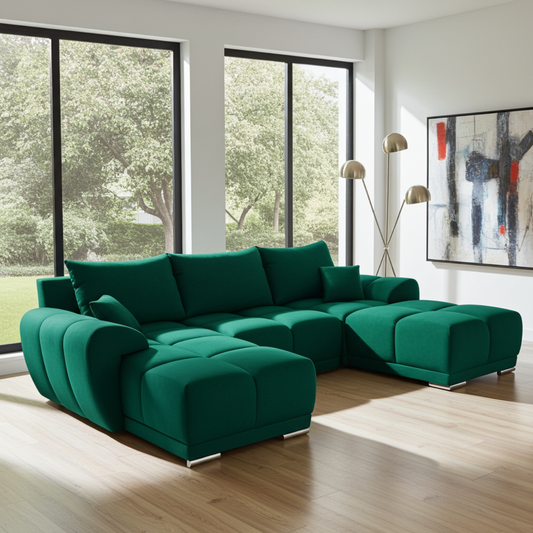 ZIELONY DUŻY NAROŻNIK ROZKŁADANY DO SALONU ROGÓWKA Z FUNKCJĄ SPANIA HONEY U