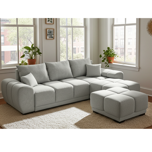 SZARY  NAROŻNIK ROZKŁADANY Z FUNKCJĄ SPANIA HONEY L + DUŻA PUFA HONEY DO SALONU PROMOCJA ZESTAW