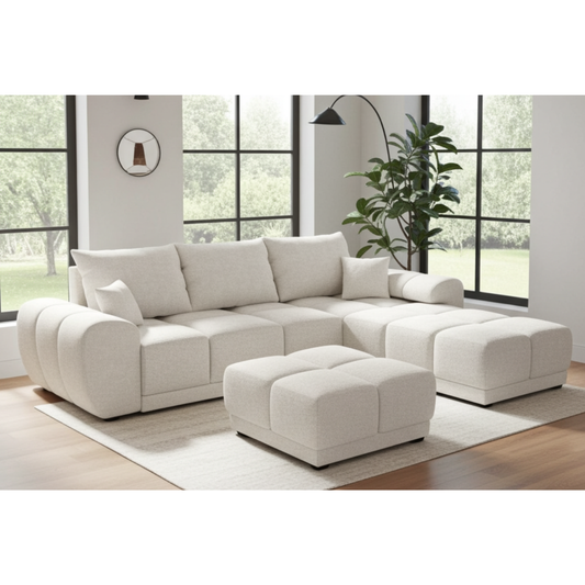 BEŻOWY NAROŻNIK ROZKŁADANY Z FUNKCJĄ SPANIA HONEY L + DUŻA PUFA HONEY DO SALONU PROMOCJA