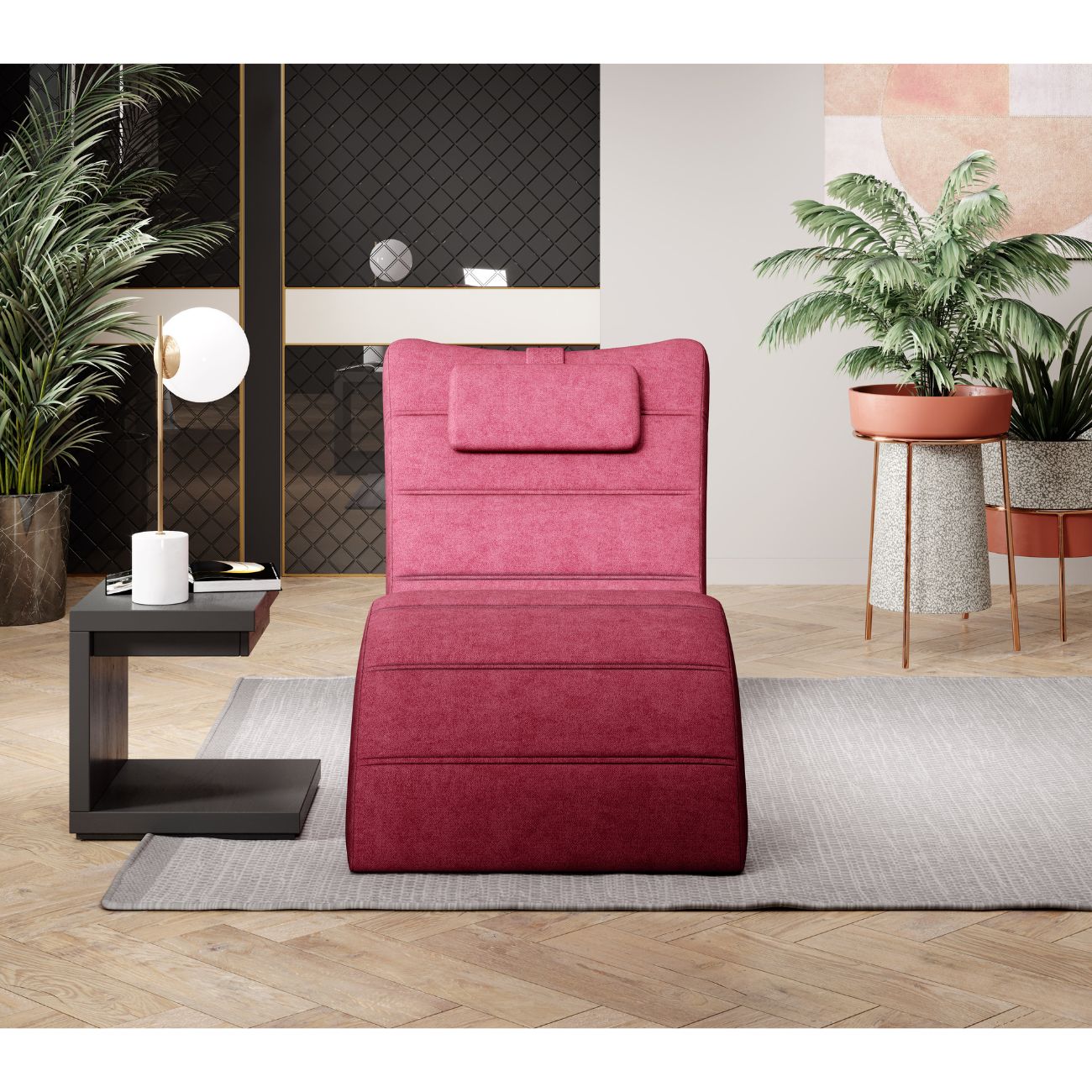 Zdjęcie przedstawiające nowoczesny szezlong do salonu z poduszką pod głowę. Nowoczesny szezlong do salonu Los Angeles to stylowy oraz funkcjonalny mebel do salonu