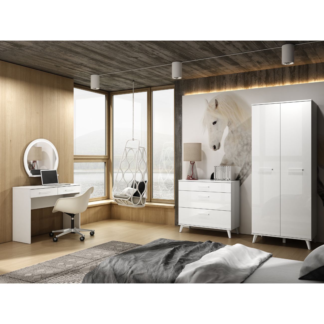 Zdjęcie przedstawiające przykładową aranżację sypialni z szafą na ubrania oraz komodą z szufladami Seko