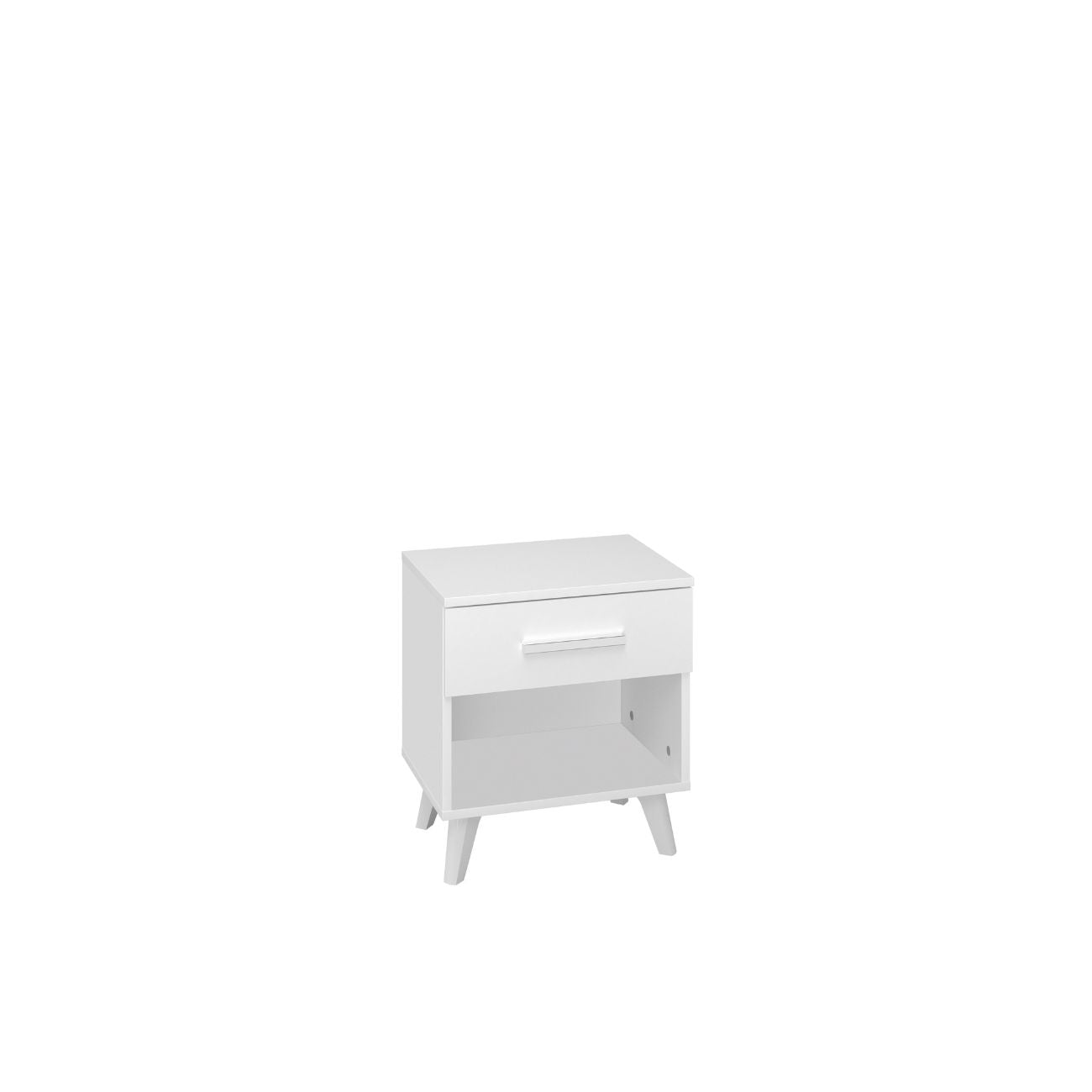 Zdjęcie przedstawiające nowoczesną białą szafkę nocną z szufladą. Białe meble do sypialni dostępne w dmsm.pl