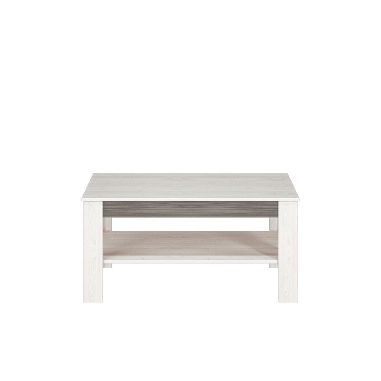 Zdjęcie przedstawiające nowoczesną ławę do salonu z półką oraz wstawką MDF w kolorze New Grey. Nowoczesna i modna ława do salonu Blanka dostępna w promocyjnej cenie w dmsm.pl