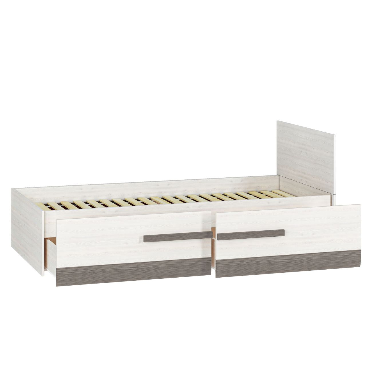 Zdjęcie przedstawiające nowoczesne łóżko jednoosobowe z wysuniętymi dwiema szufladami oraz stelażem drewnianym. 