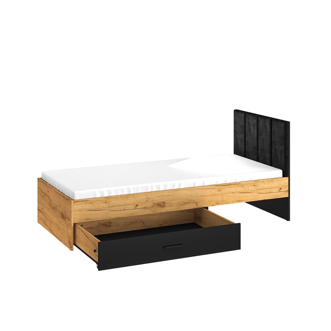 Zdjęcie przedstawiające nowoczesne jednoosobowe łóżko z szufladą z kolekcji KOLT. Nowoczesne łóżko z pojemnikiem na pościel w stylu LOFT dostępne w niskiej cenie na dmsm.pl