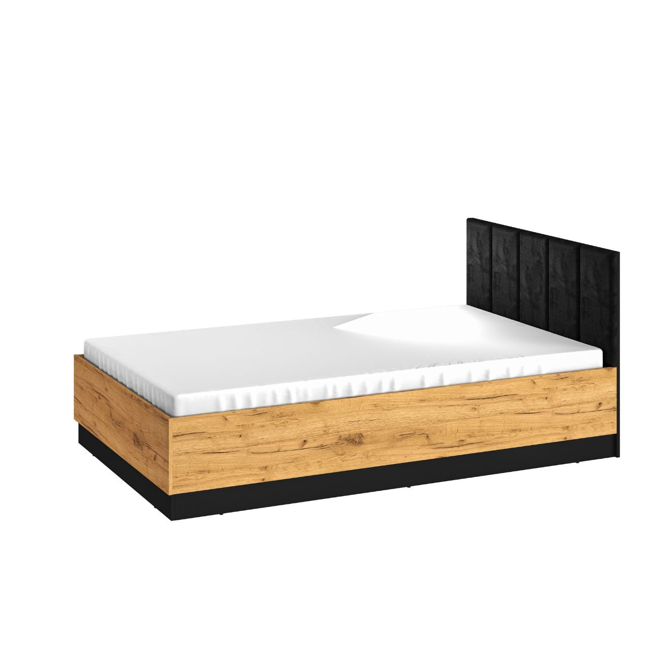 Zdjęcie przedstawiające szerokie łóżko młodzieżowe z materacem 120x200 cm. Nowoczesne łóżko w stylu LOFT z welurowym zagłówkiem w niskiej cenie na białym tle.