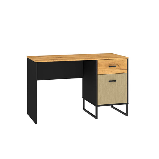 Zdjęcie przedstawiające nowoczesne biurko w stylu LOFT z szufladą oraz szafką. Modne biurko Kolt o szerokości 120 cm dostępne w dmsm.pl w niskiej cenie