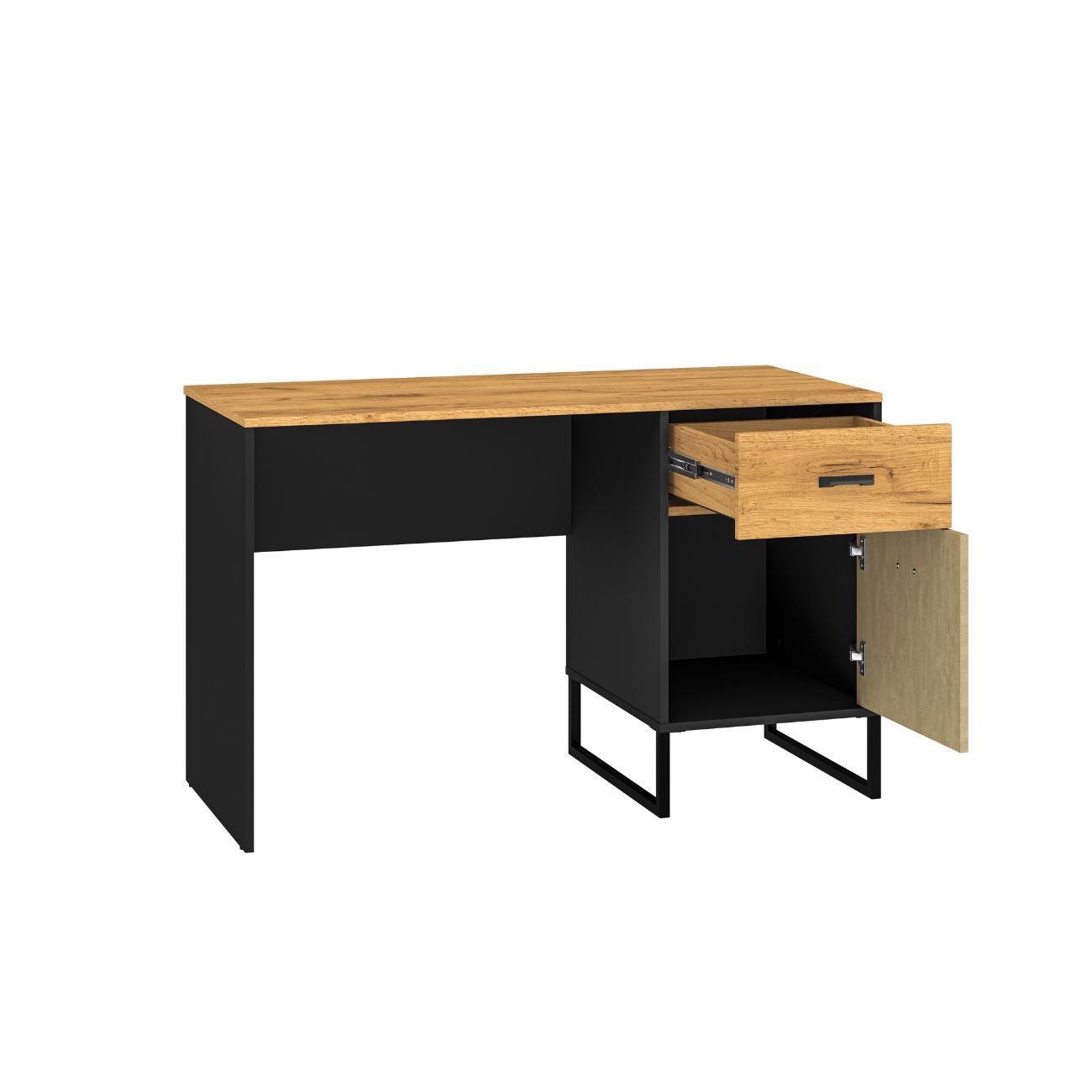 Zdjęcie przedstawiające nowoczesne biurko z szufladą oraz szafką w stylu loft. Modne biurko Kolt o szerokości 120 cm dostępne jest w dmsm.pl w niskiej cenie