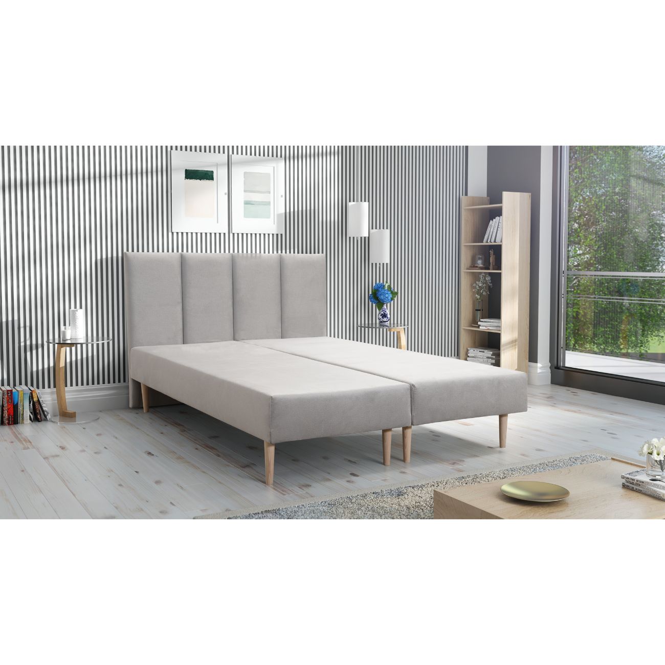 Zdjęcie przedstawiające przykładową aranżację sypialni z łóżkiem tapicerowanym z materacem Freya. Tanie łóżko tapicerowane do sypialni z materacem dostępne na dmsm.pl taniej niż Jysk, Ikea, Agata Meble, Bodzio Meble