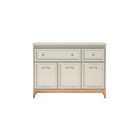 Elegancka komoda z szufladami półkami Buckingham kaszmir 135 cm dębowe nogi