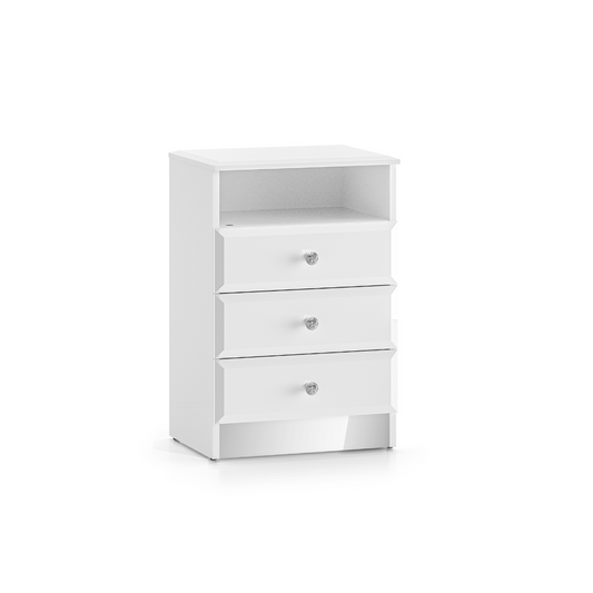 piekna szafeczka  z Chromowanymi uchwytami imitujące diamenty, biała i elegancka, tanio w dmsm 