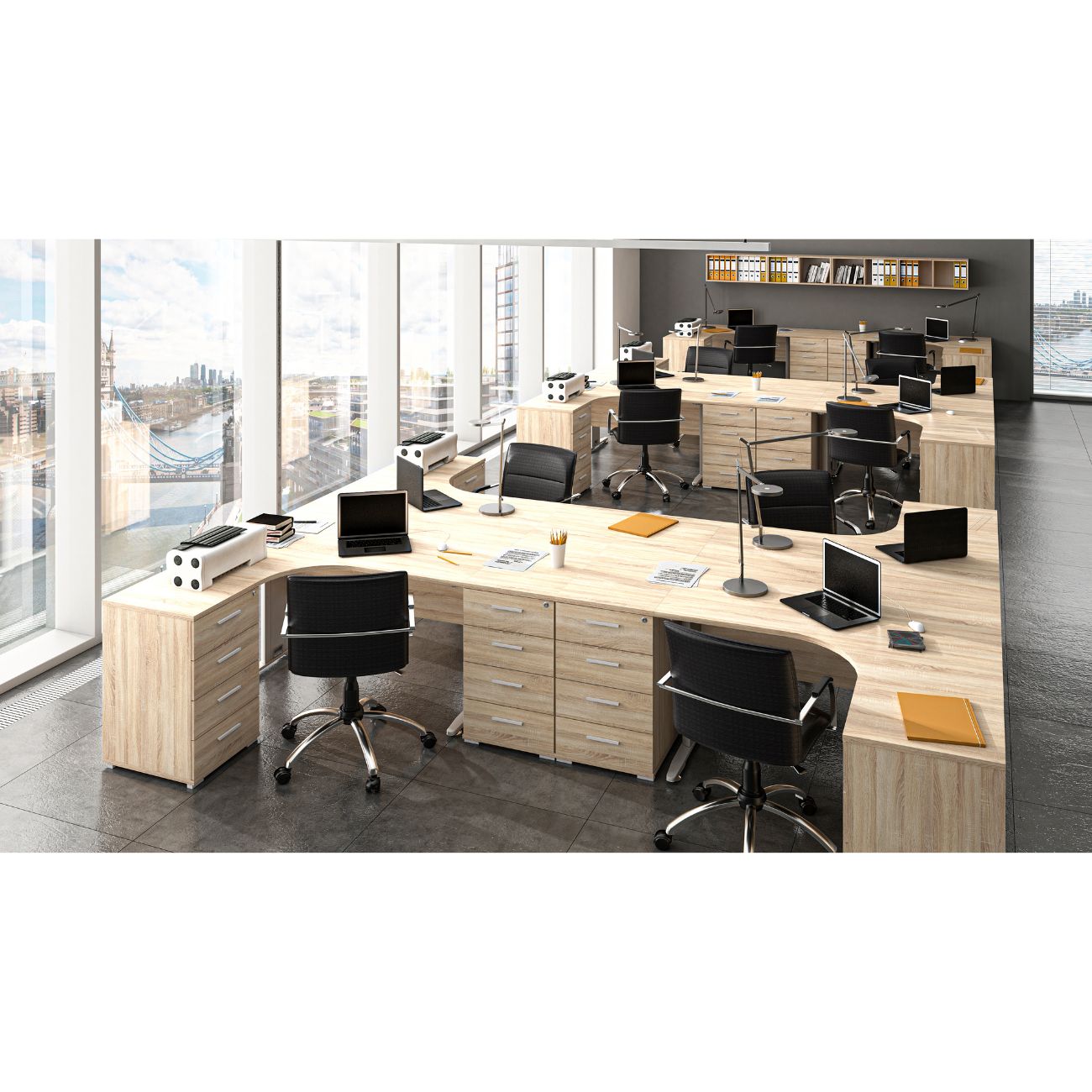 Zdjęcie przedstawiające nowoczesną przestrzeń biurową z meblami z kolekcji office w kolorze dąb sonoma