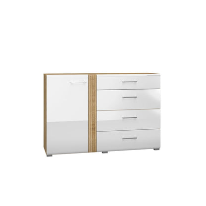 Zdjęcie przedstawiające nowoczesną białą komodę z czterema szufladami oraz szafką z półką. Nowoczesna, biała komoda z czterema szufladami dostępna na dmsm.pl