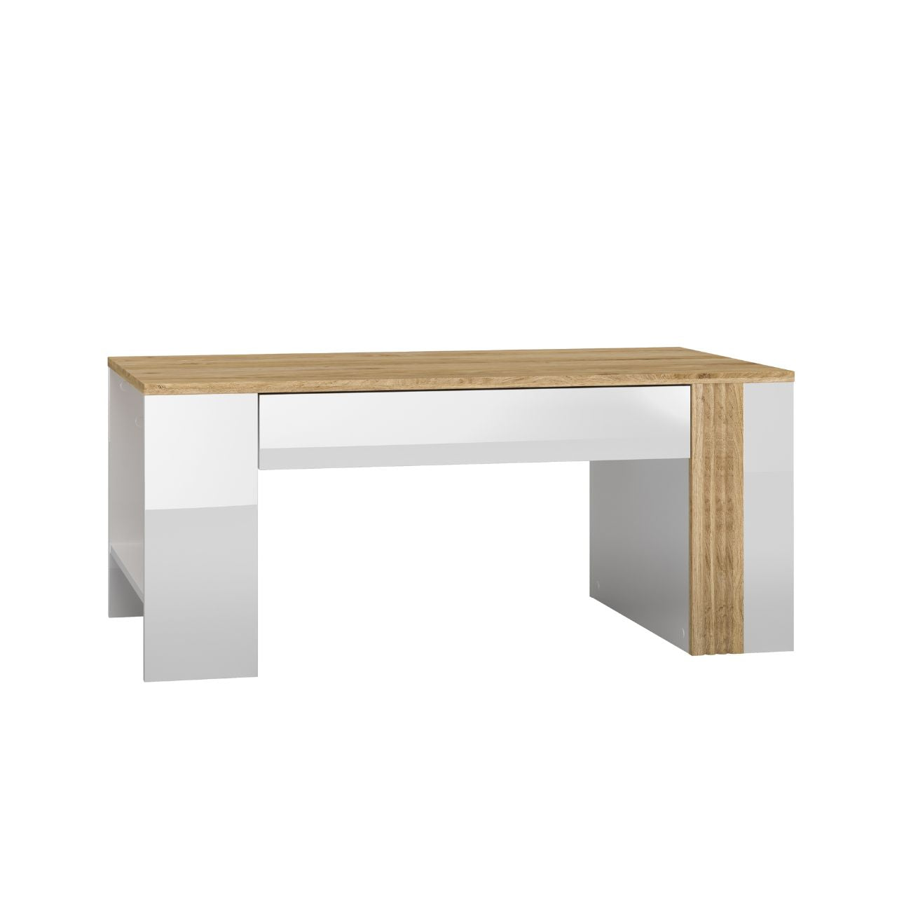 Stolik ława ławostół do salonu Largo 109x60 cm z wysuwaną szufladą oraz praktycznymi półkami na białym tle