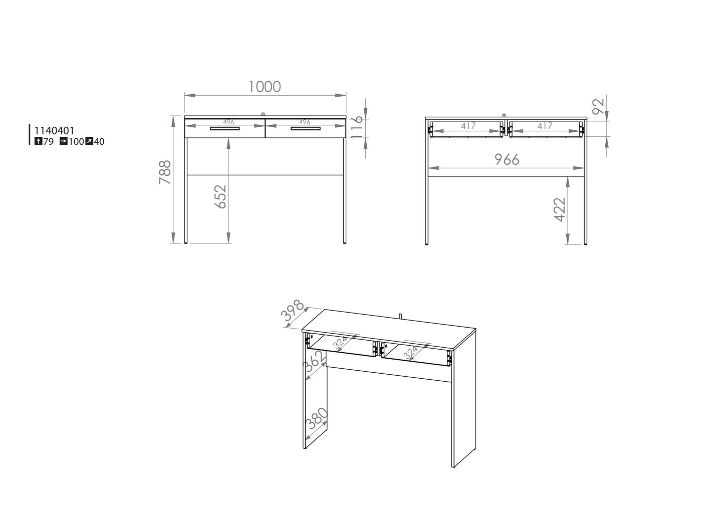 Rysunek przedstawiający dokładny rozmiar nowoczesnego i minimalistycznego białego biurka Seko