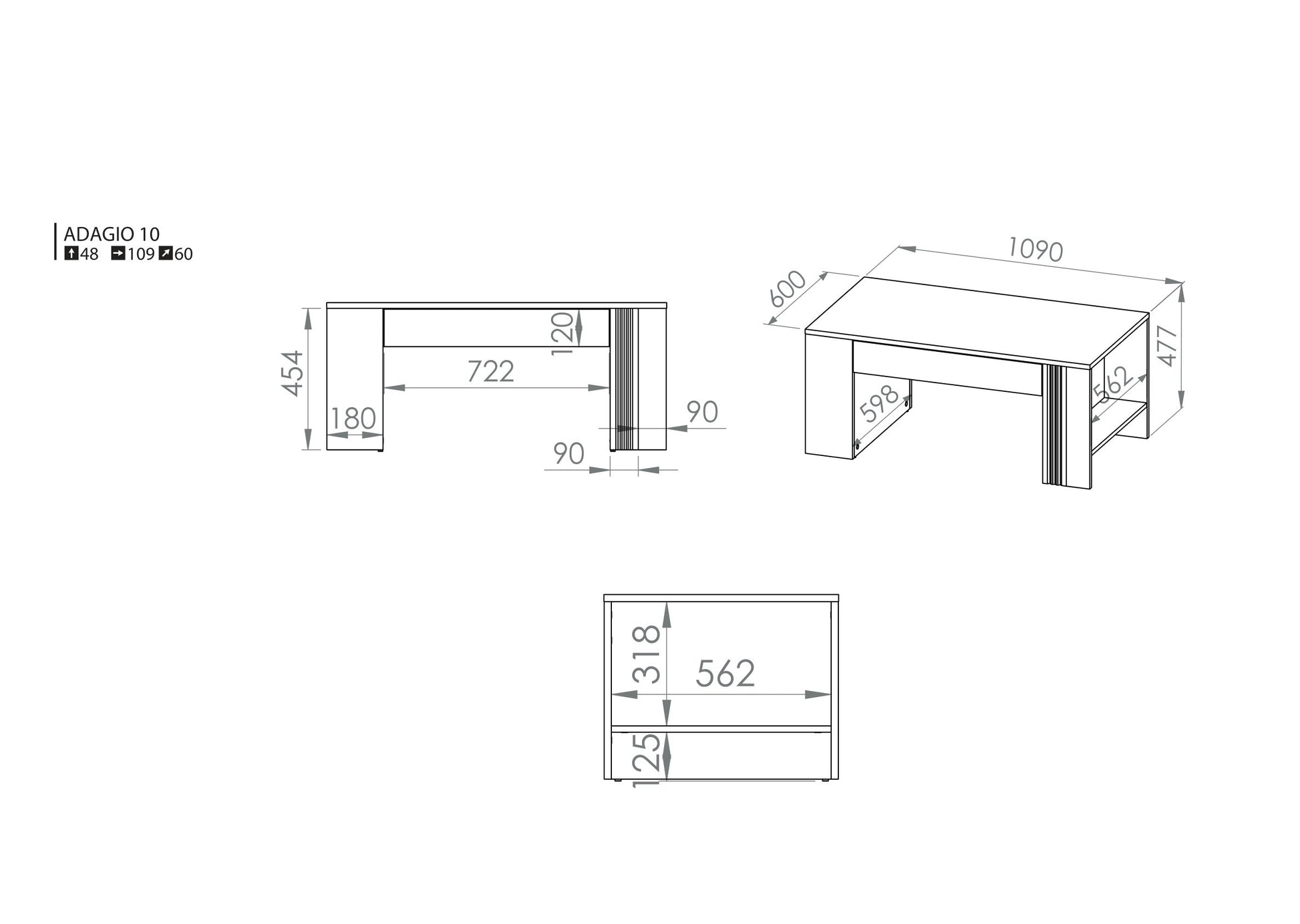 Rysunek przedstawiający dokładne rozmiary nowoczesnej ławy do salonu Largo. Ława do salonu Largo posiada szufladę z pełnym wysuwem. 
