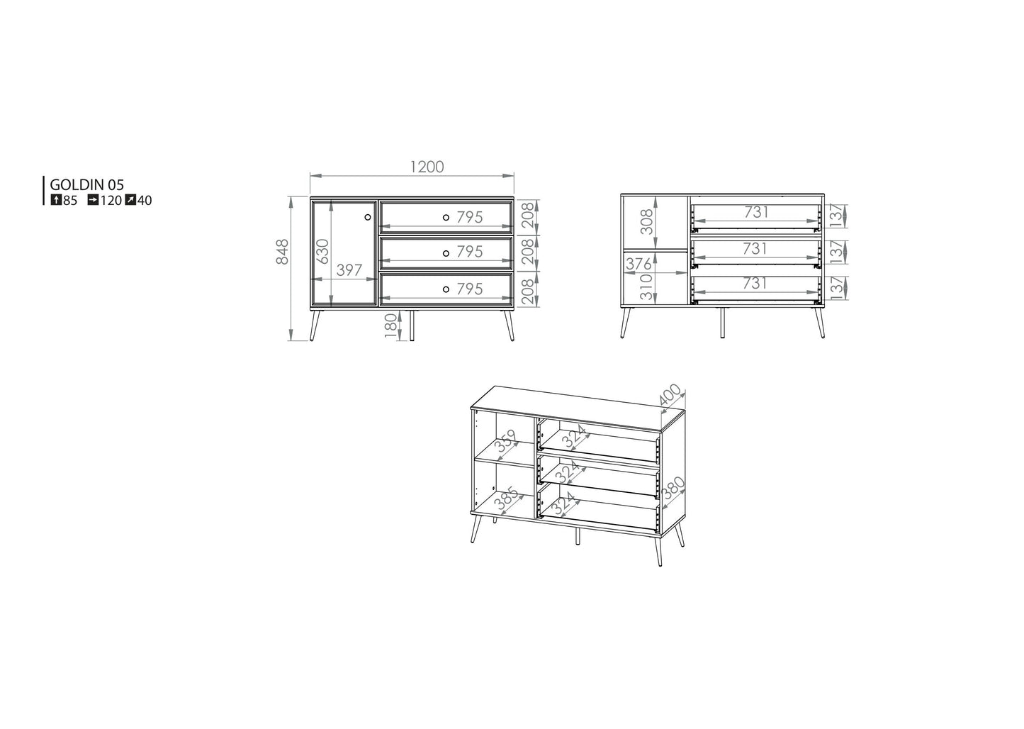 Rysunek przedstawiający dokładny rozmiar nowoczesnej komody do salonu Golden. Nowoczesna i modna komoda Golden posiada trzy szuflady, a także szafkę. Szerokość komody to 120 cm.
