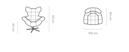 Rysunek przedstawiający rozmiar nowoczesnego skórzanego fotela Sensi