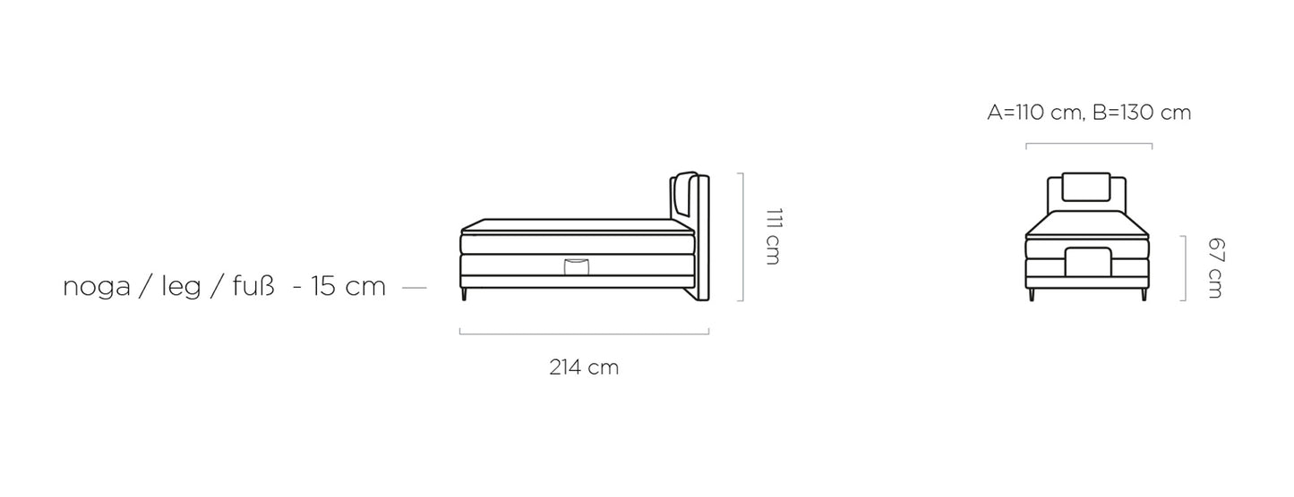 Rysunek przedstawiający dokładne rozmiary nowoczesnego łóżka kontynentalnego Wave 100 z elektryczną regulacją wysokości materaca
