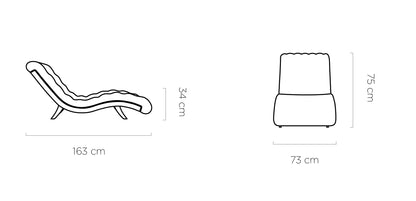 Rysunek przedstawiający dokładne rozmiary produktu szezlong Lord z pikowaniem typu Chesterfield. Szelong Premium dostępny na dmsm.pl