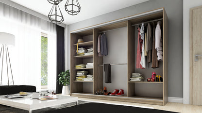 Zdjęcie przedstawiające rozkład półek w nowoczesnej szafie przesuwnej z lustrami DMSM 250 cm. szafa z półkami na ubrania oraz trzema lustrami dostępna na dmsm.pl w promocyjnej cenie