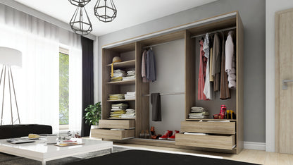 Wnętrze przedstawiające rozkład półek w stylowej szafie przesuwnej DMSM 250 cm. Cztery szuflady, trzy drązki na ubrania oraz liczne półki pozwalają stworzyć funkcjonalne i estetyczne wnętrze szafy przesuwnej z lustrem
