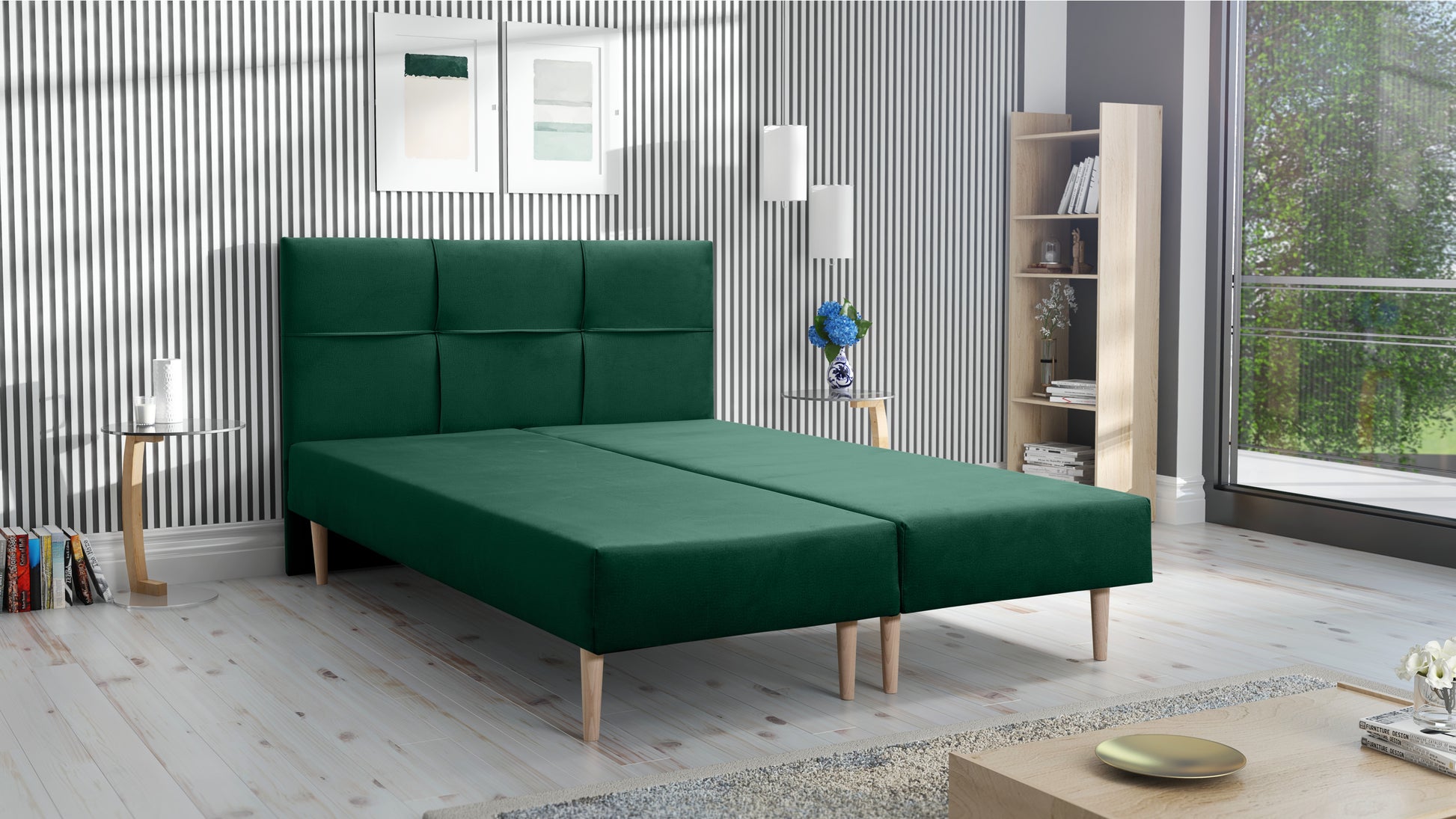 Zdjęcie przedstawiające zielone łóżko tapicerowane z materacem do sypialni 140x200 w plamoodpornej tkaninie Monolith dostępne na dmsm.pl
