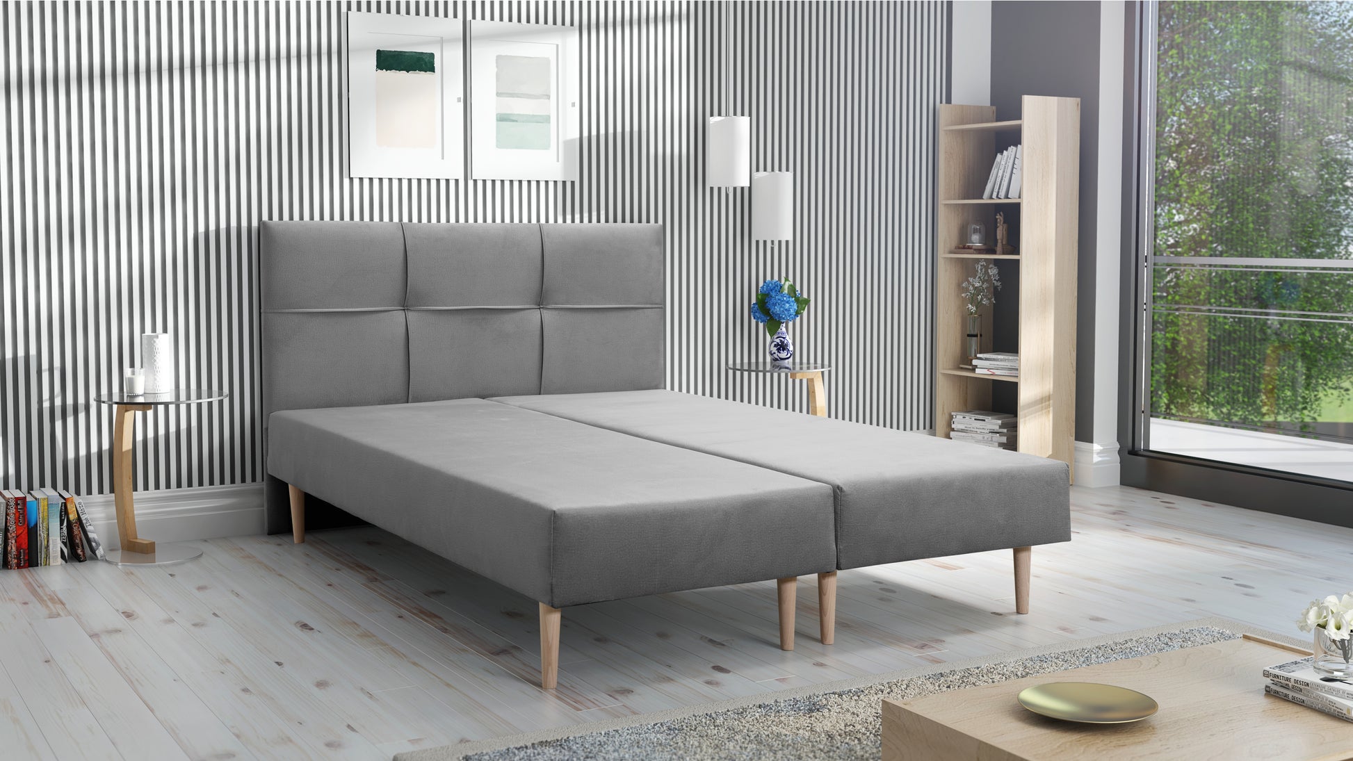 Zdjęcie przedstawiające przykładową aranżację: Tanie łóżko tapicerowane 140x200 z materacem ze sprężynami bonell. Tanie łóżko podwójne 140x200 dostępne w dmsm.pl taniej niż łóżko z materacem IKEA Jysk Agata Meble Bodzio Meble