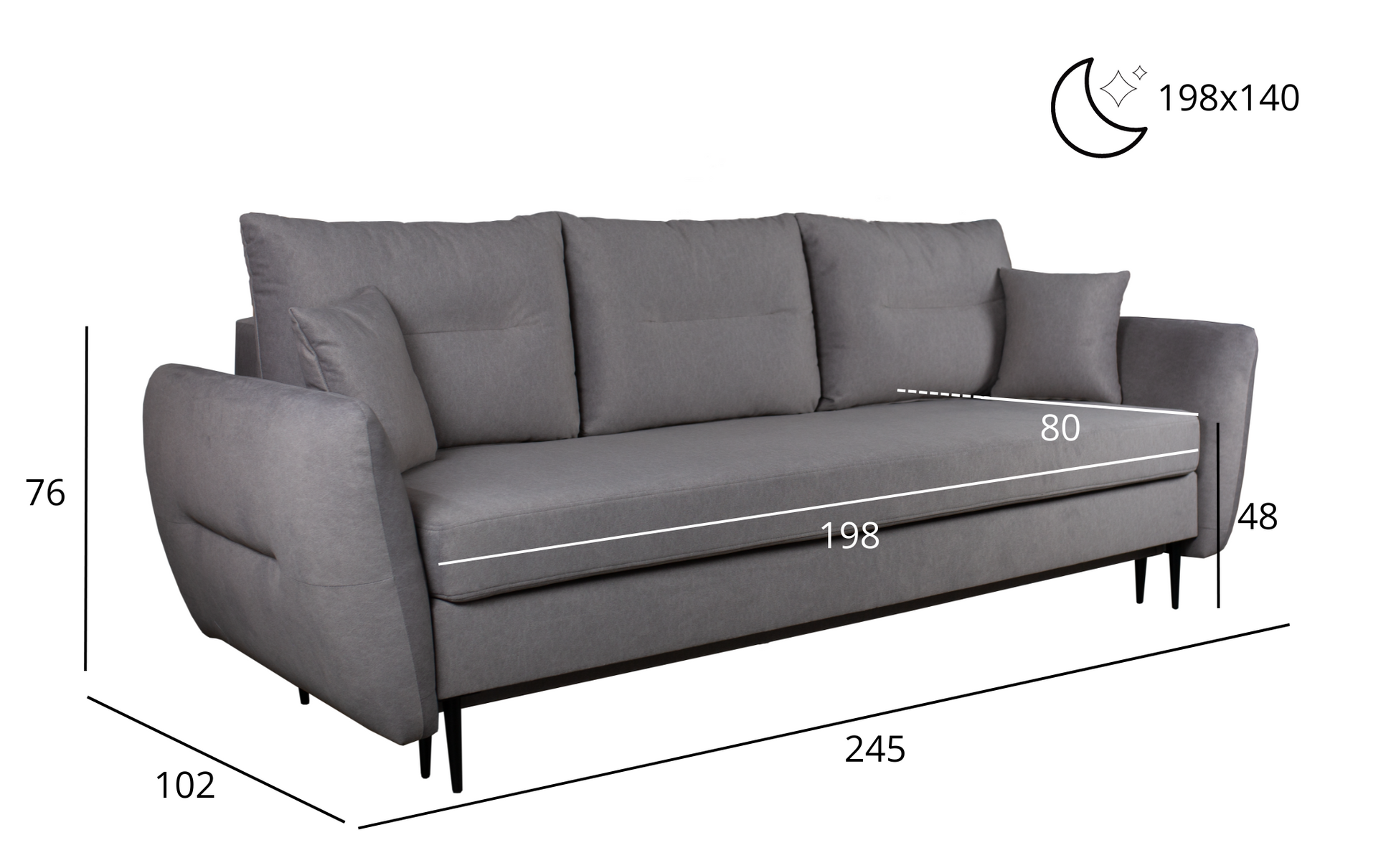 Zdjęcie przedstawiające rozmiary nowoczesnej kanapy rozkładanej Ingrid wykonanej w skandynawskim stylu.