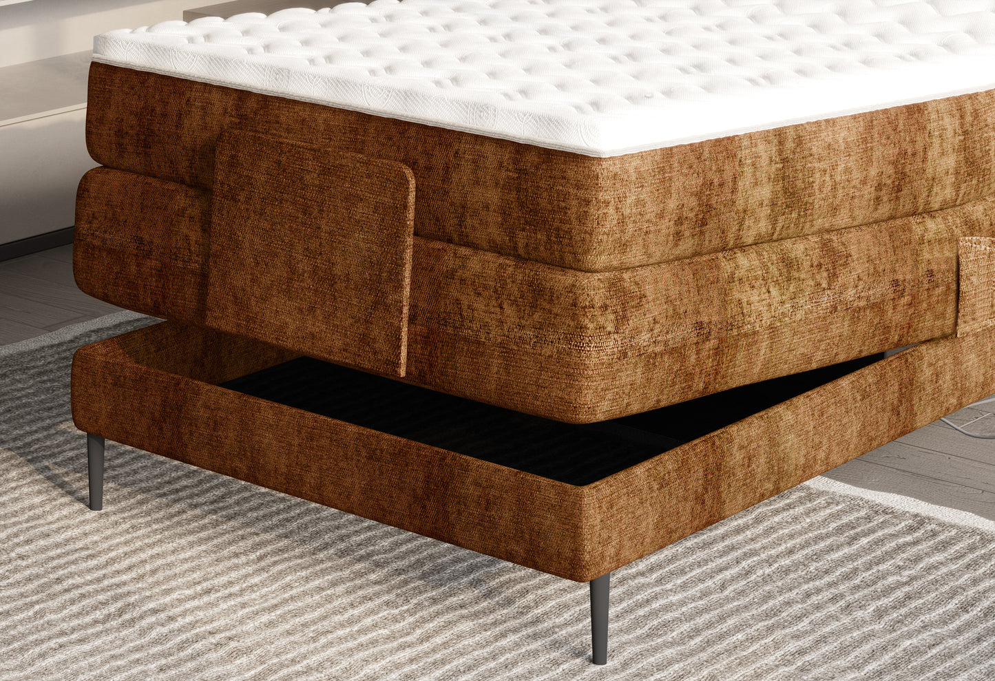 Zdjęcie przedstawiające detale nowoczesnego łóżka kontynentalnego Wave z dwoma materacami oraz nakładkami 4 cm