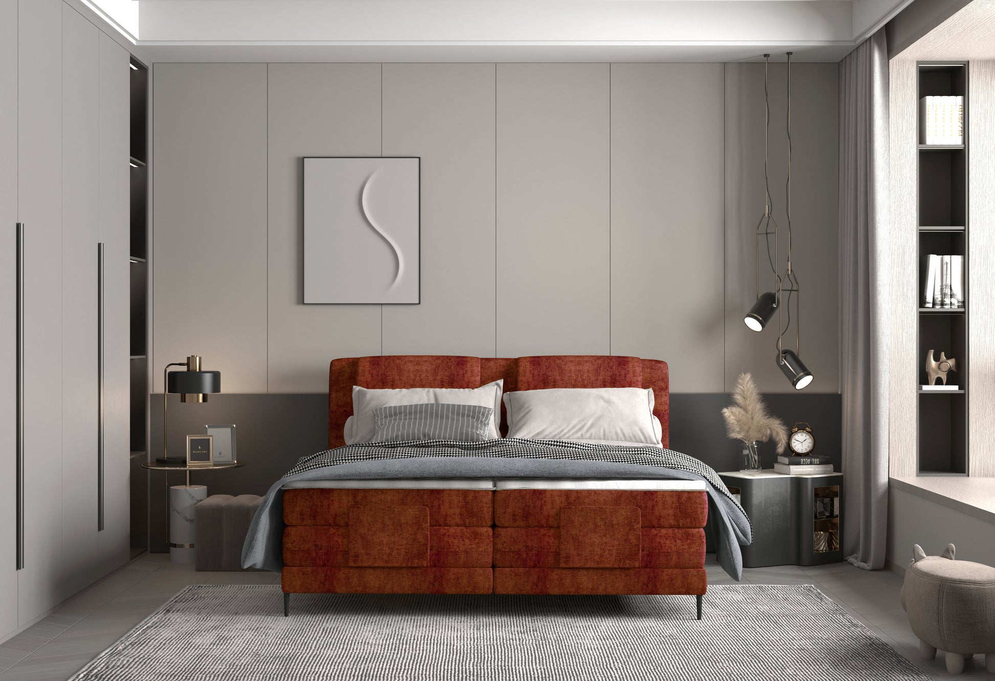 Zdjęcie przedstawiające przykładową aranżację nowoczesnej sypialni z łóżkiem kontynentalnym Wave dostępnym w trzech rozmiarach 140x200 160x200 180x200