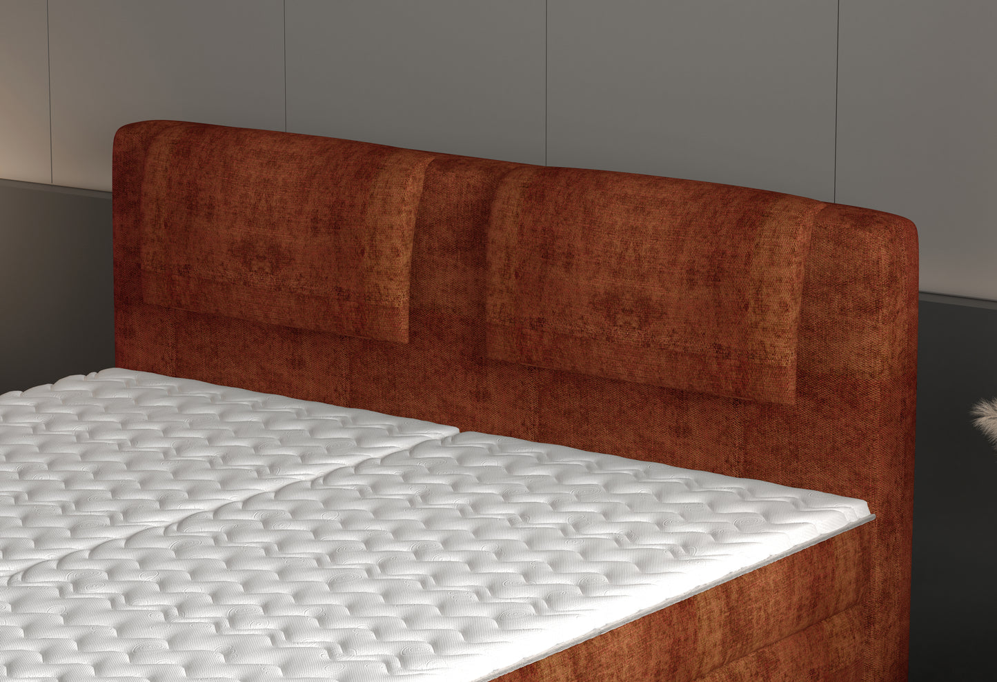 Zdjęcie przedstawiające detale nowoczesnego łóżka kontynentalnego Wave. Zintegrowany z materacem Toper nie przesuwa się dzięki czemu zawsze zapewnia maksimum wygody.