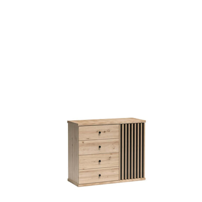 Komoda Artisan 4 szuflady loft lamele to mebel z subtelnymi uchwytami. Idealny do nowoczesnych i stylowych pomieszczeń.