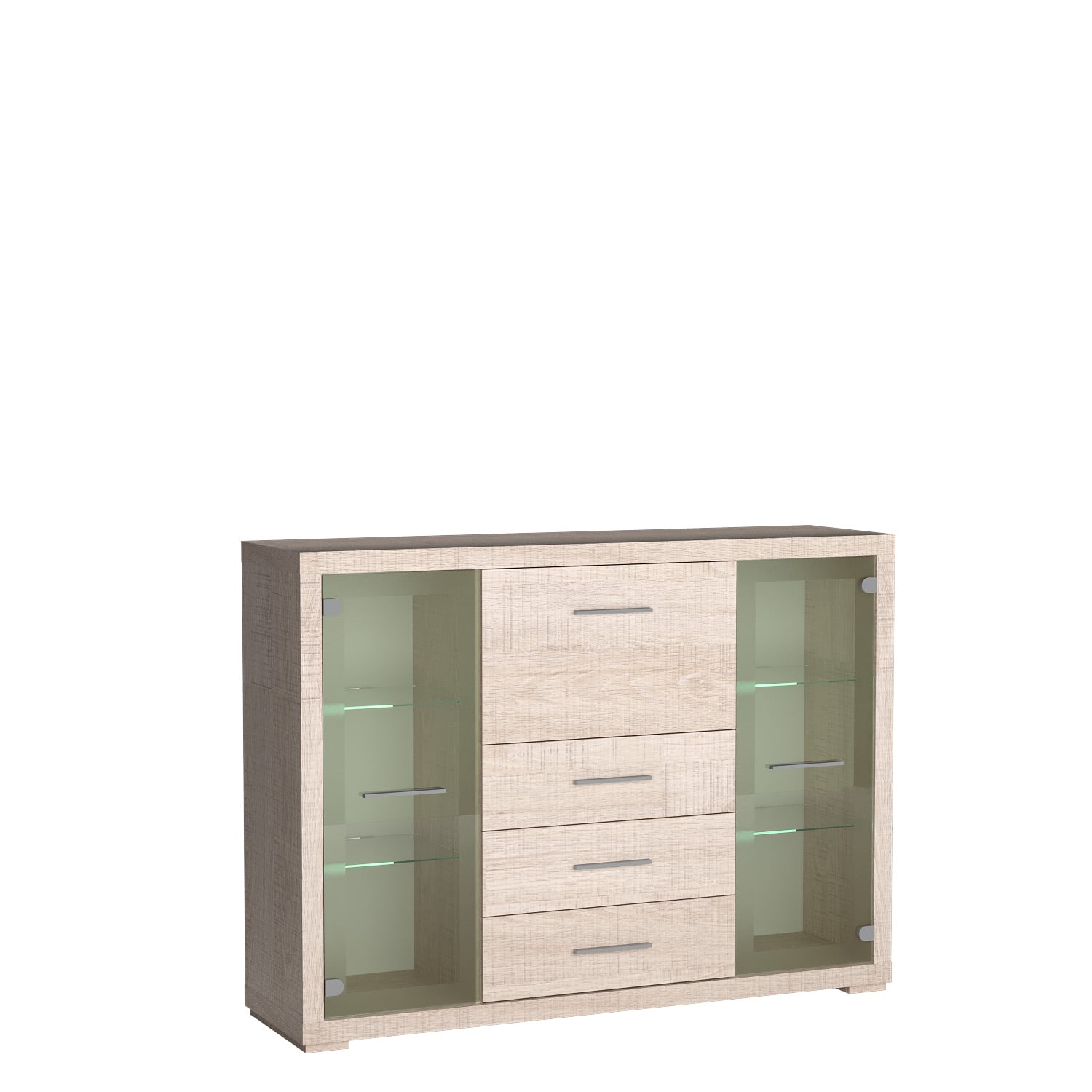 Jasna komoda witryna SANTOS szklane fronty szuflady srebrne uchwyty i stopki prezentuje się elegancko.