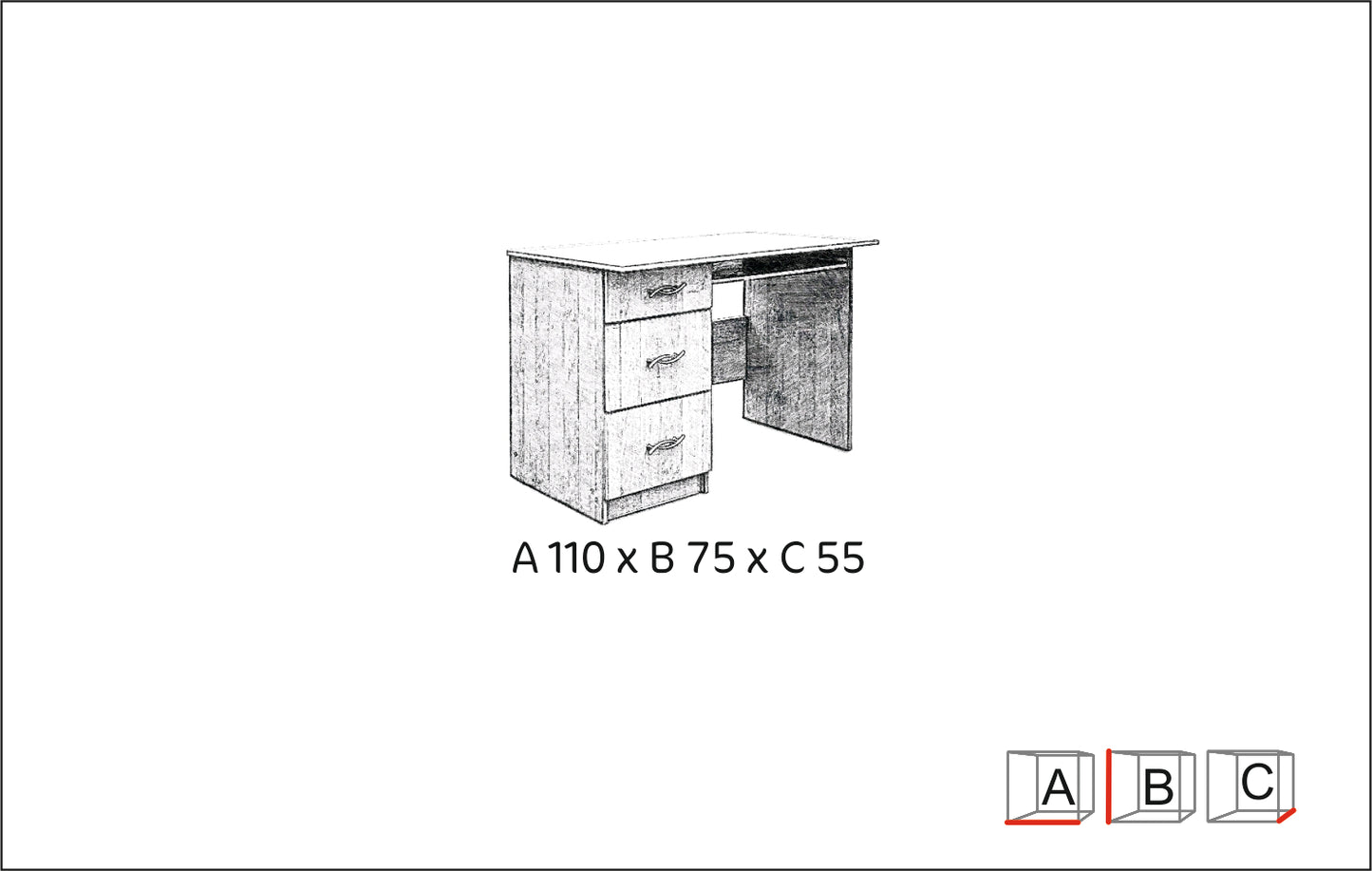 Rysunek małego biurka komputerowego MIKI 110 cm. 3 szuflady.