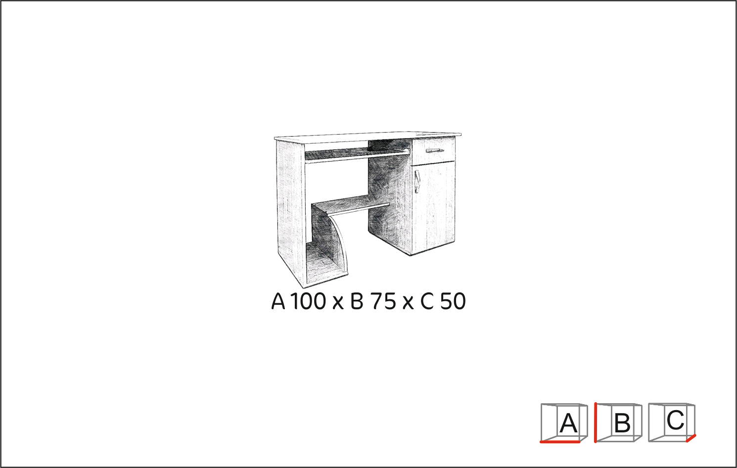 Rysunek oraz wymiary małego biurka komputerowego FIFI 100 cm. szuflada.