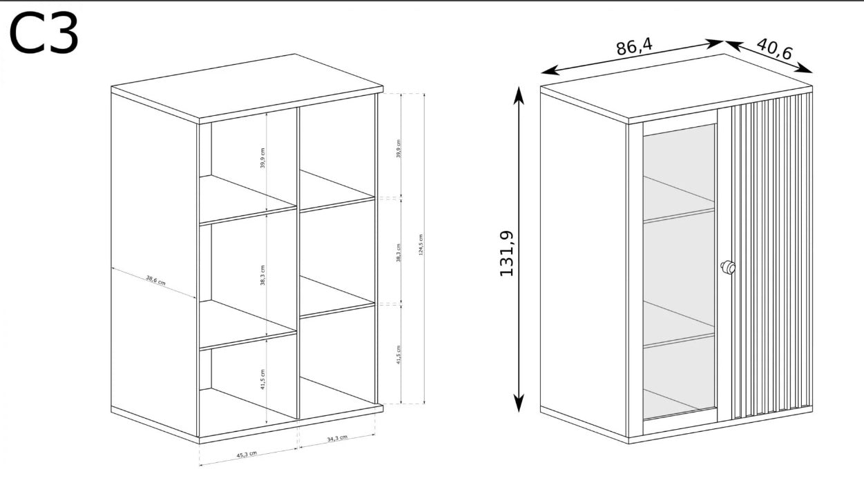 Rysunki i wymiary niskiej witryny półki lamele ARTISAN w stylu loftowym.