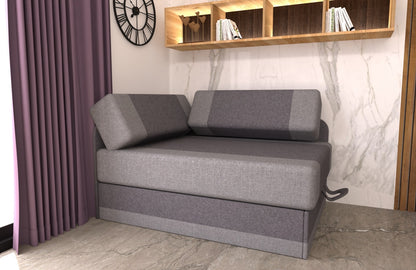 Szary fotel tapczan sofa rozkładana regulowana długość MIKI w przykładowej aranżacji w niewielkim pomieszczeniu.