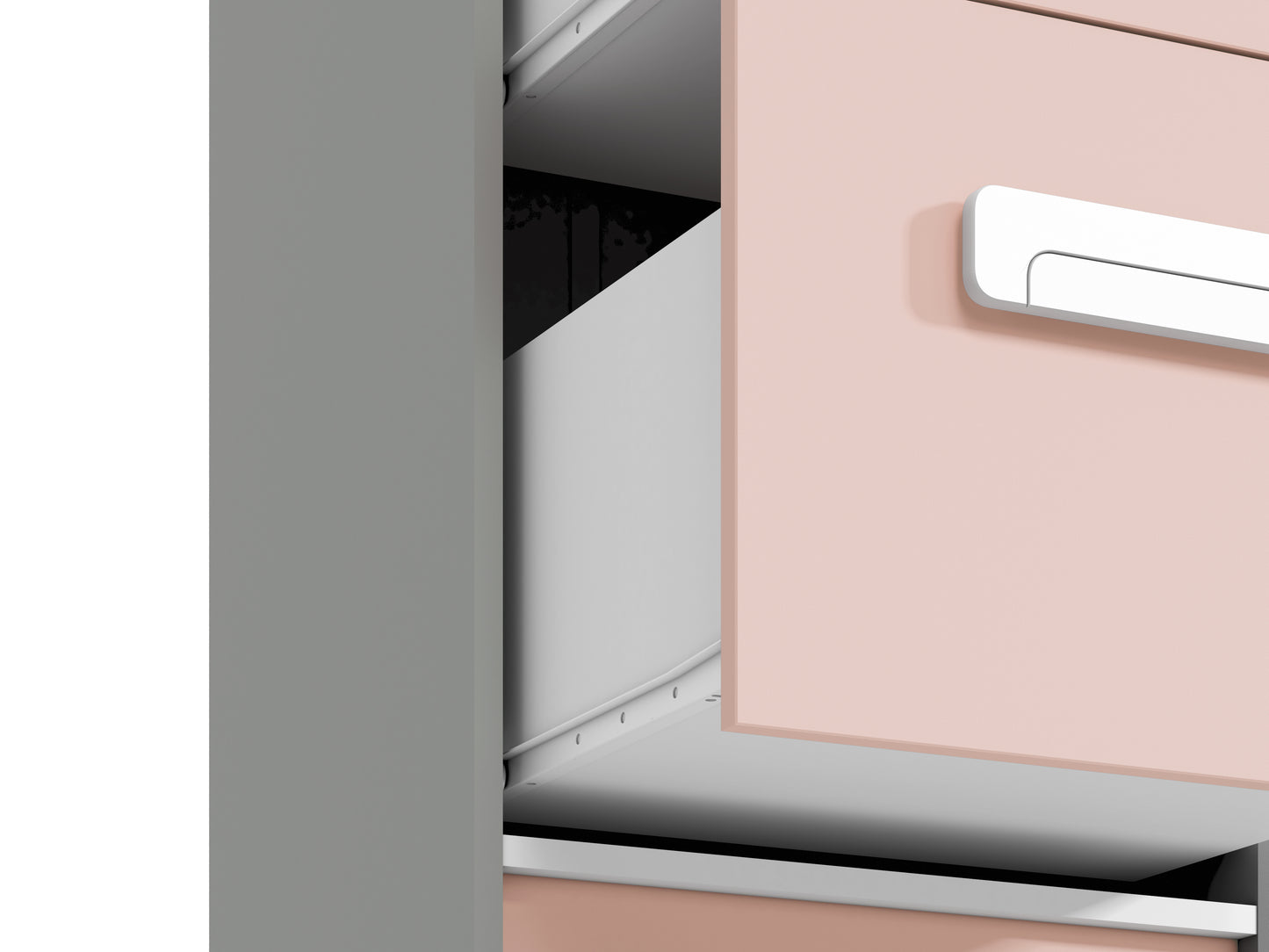 Zbliżenie na detale w kolorowym wąskim regale z szufladami i półkami MICK.