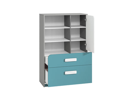 Wnętrze kolorowej pojemnej komody szuflady półki MICK to funkcjonalne półki oraz szuflady do przechowywania drobiazgów.