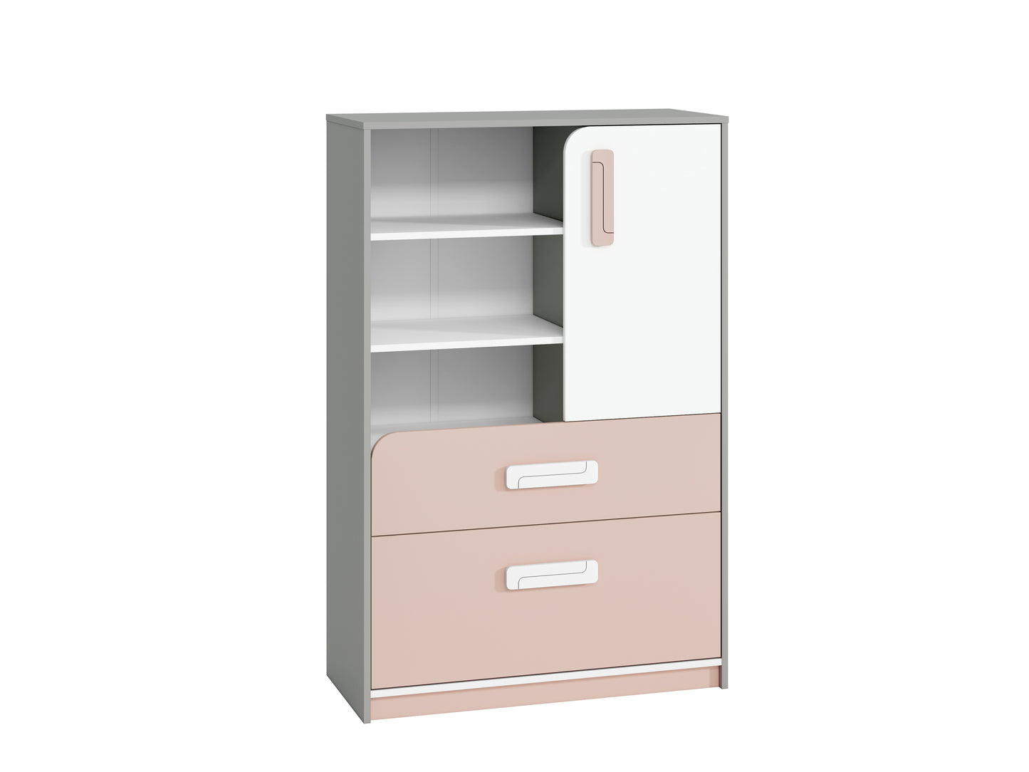 Ujęcie z boku na kolorową pojemną komodę szuflady półki MICK  z dodatkiem koloru różowego.