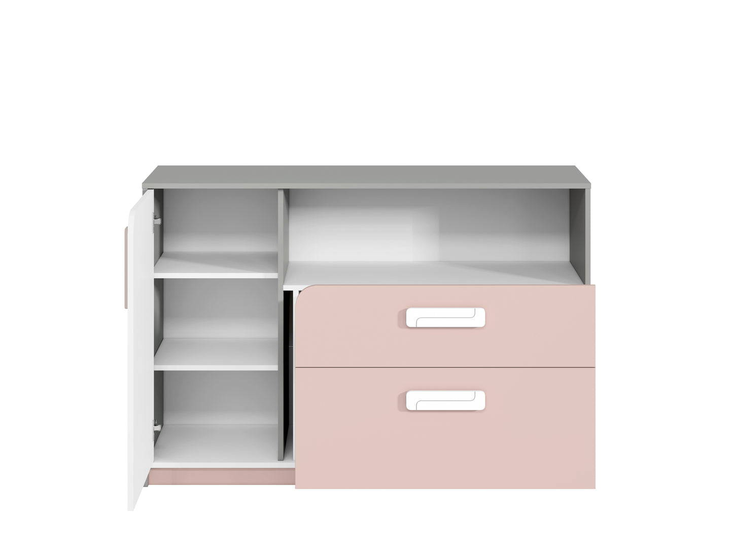 Wnętrze kolorowej szafki komoda szuflady półki MICK to pojemne szuflady na drobiazgi oraz funkcjonalne półki ukryte za frontem.