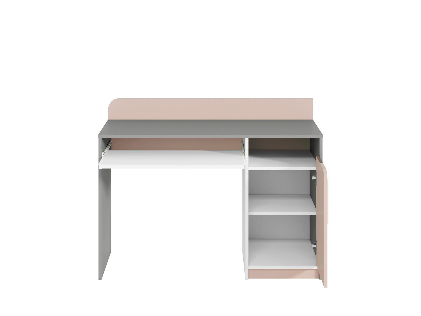 Kolorowe biurko komputerowe MICK z różowymi dodatkami oraz  ukazanie wnętrza znajdującego się za frontem, czyli funkcjonalnej półki.