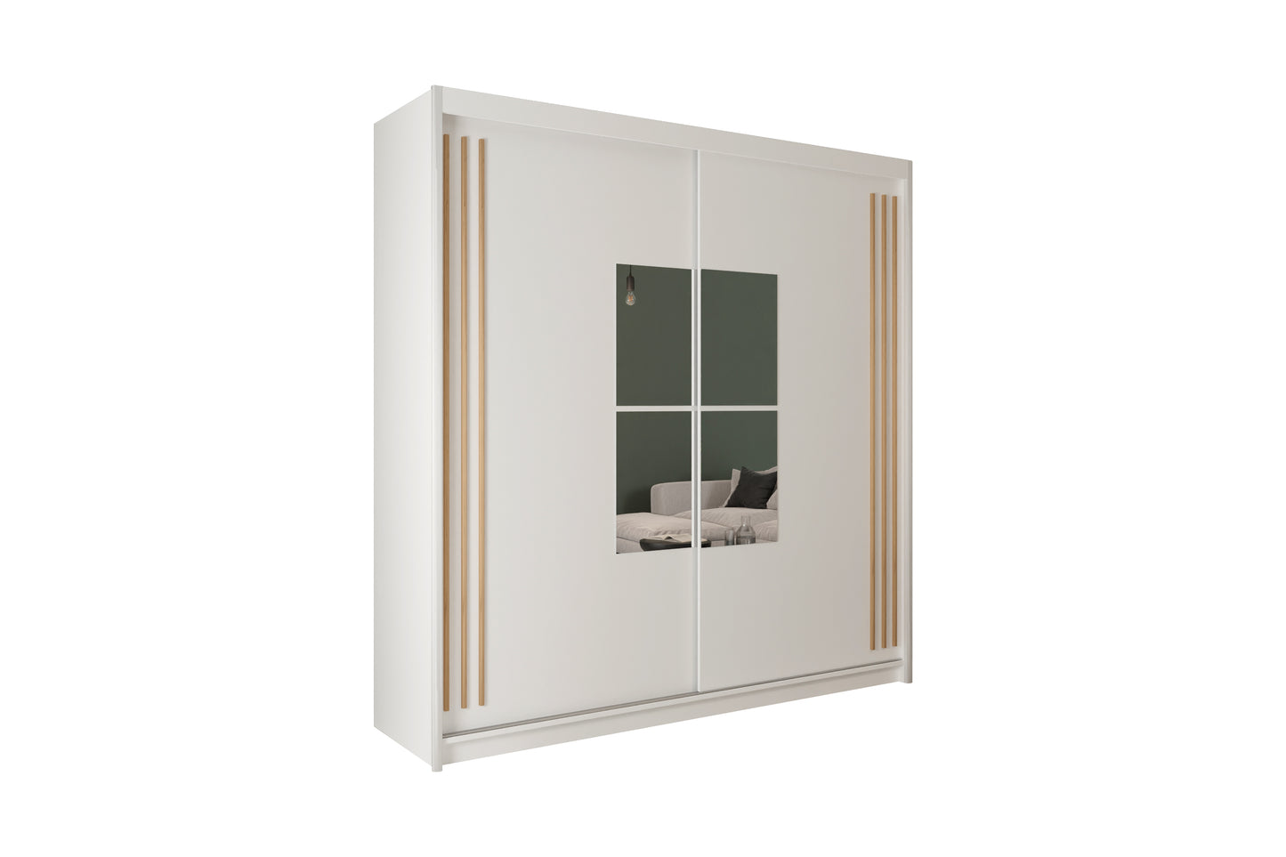 Zdjęcie przedstawiające nowoczesną białą szafę przesuwną z lustrem w kształcie okienka oraz ozdobnymi lamelami w kolorze dąb wotan. Modna biała szafa przesuwna z lustrem do sypialni Jamajka dostępna na dmsm.pl