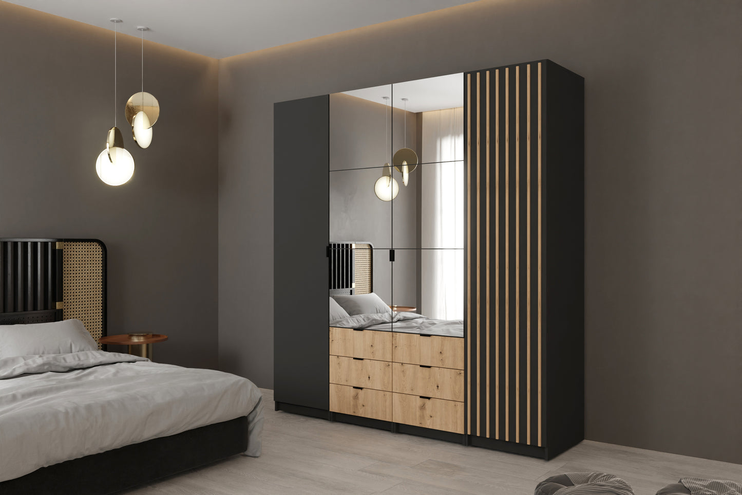 Aranżacja przedstawiająca ustawienie szafy w minimalistycznym wnętrzu. Idealnie wkomponowuje się w ciemne pomieszczenie dzięki zastosowanym w niej jasnym szufladom i nowoczesnym lamelom.